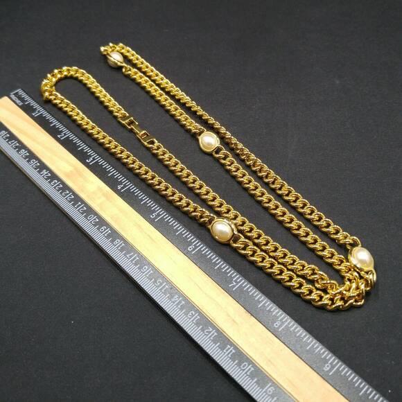 Vintage Long Gold Plated Chain Necklace, 4 Pearled Reversible Cabochons, 36 Inch - Picture 7 of 9